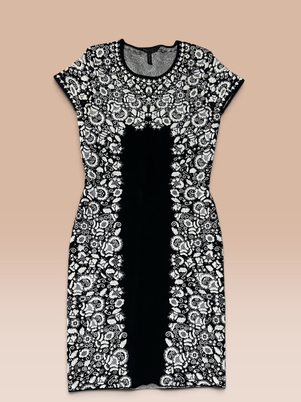 BCBGMaxAzria Black and White Floral-Panel Sheath Dress